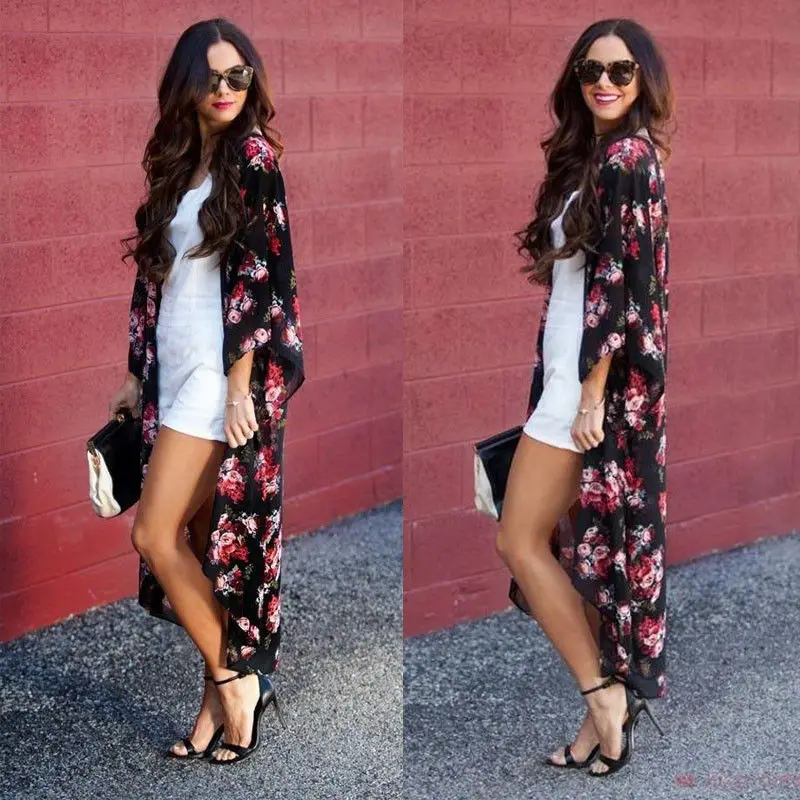Summer Women Boho Chiffon Floral Print Shawl Kimono Cardigan Beach Cover Up Blouse Shirt Tops