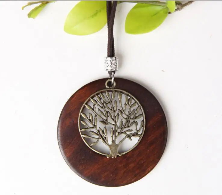 

Vintage Fashion Maxi Alloy Life Tree necklaces pendants choker Round Wood Handmade Rope Leather Chain For Women Men Jewelry