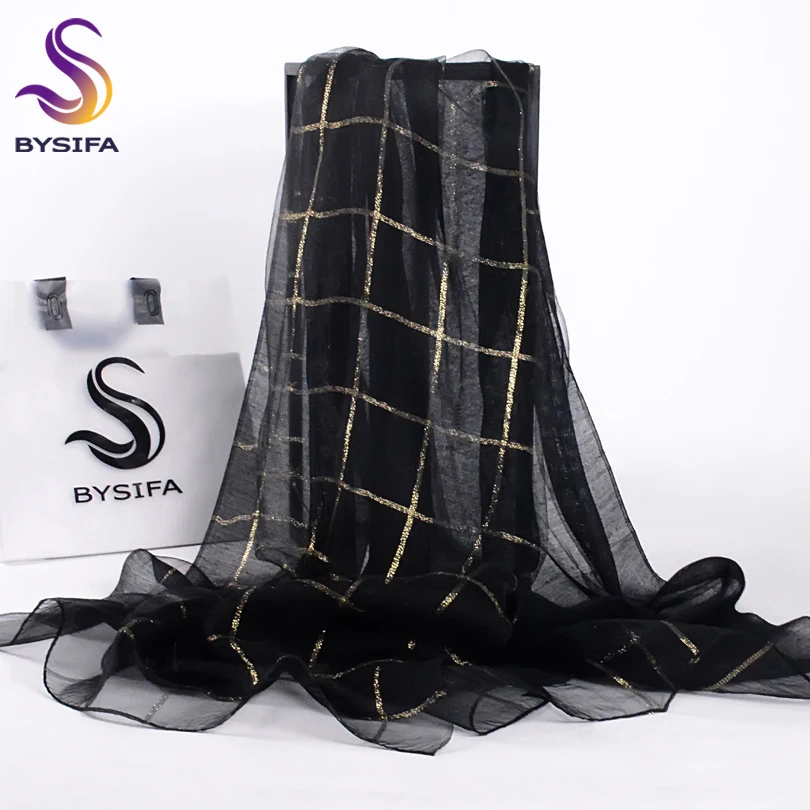 Женский шёлковый шарф в шотландскую клетку [BYSIFA] черный/золотой шаль из 100% шелка