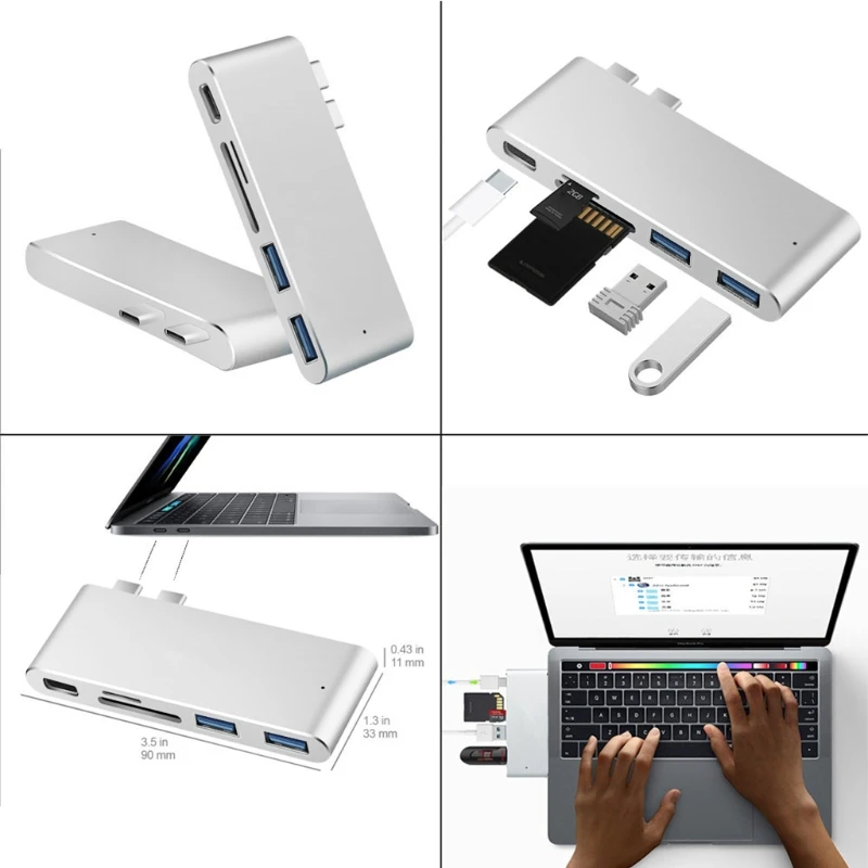 

5 Port Aluminum USB 3.0 Hub TF SD Card Reader Type C Hub Thunderbolt 3 Multifunction for MacBook Pro 13" 15