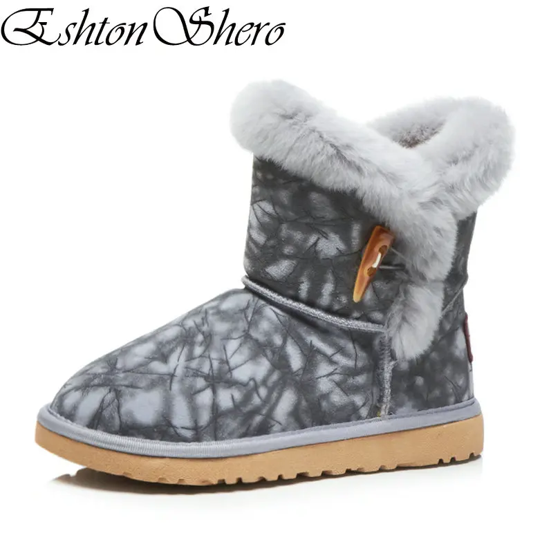 

EshtonShero Women Snow Boots Shoes Winter Cow Suede+Plush Flat Heels Keep Warm Fur Gray Ladies Casual Ankle Boots Size 34-40
