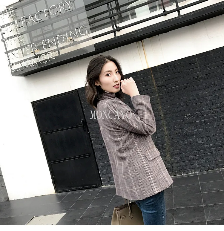 spring new vintage women's Long Double-breasted plaid casual suit female loose suits blazer jacket Blazer fenimino bomber