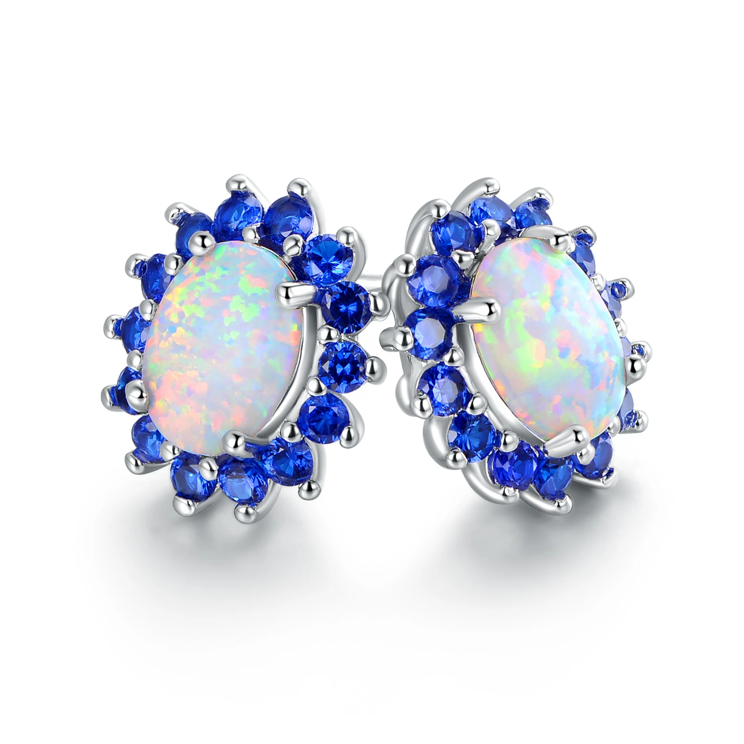 White Gold Plated White Fire Opal & Genuine Blue Spinel Flower Stud Earrings (2)