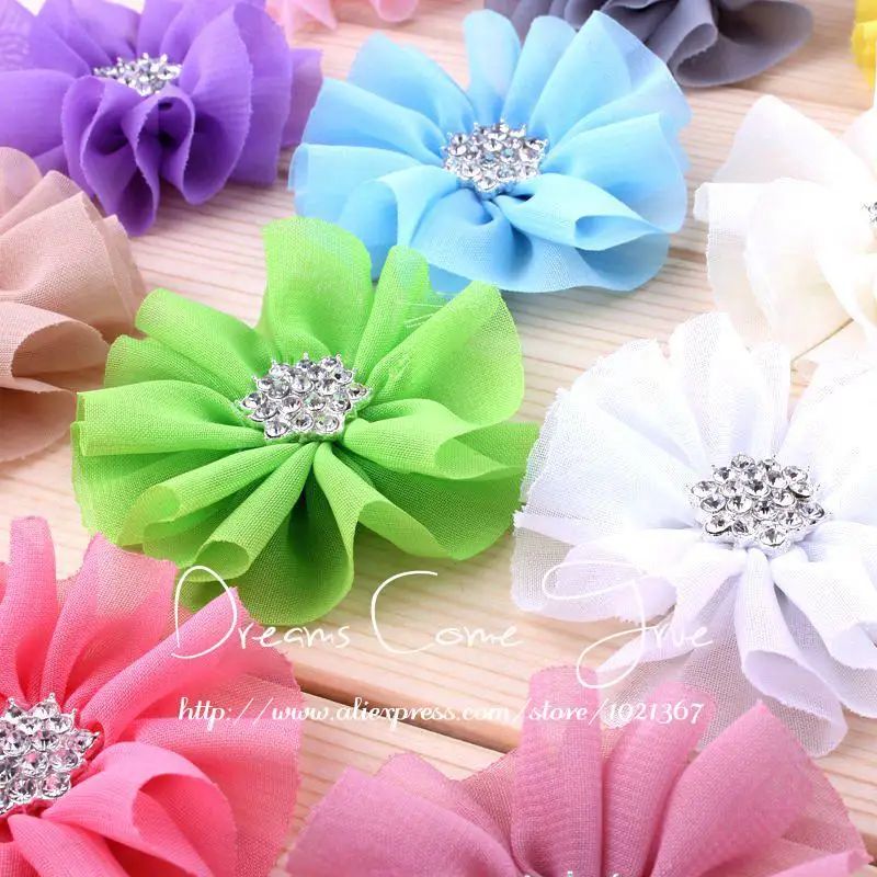 

20 pcs/lot 6.5CM 15 Colors Artifical Chiffon Flowers With Rhinestone For Infant Headband Flower Accessories For Kid Hair Clips