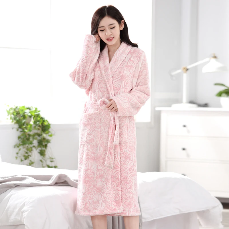 

New Lovers Extra Long Winter Warm Bathrobe Women Lounge Soft Flannel Kimono Bath Robe Coral Fleece Robes Dressing Gown Warm