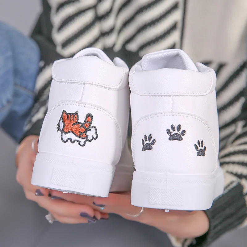 

Shoes Woman New Spring PU Leather Cats Prints Casual Shoes Lace-Up Fashion Platform Flats High Top Women Sneakers BX31