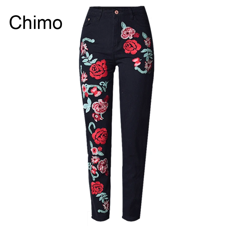 

2017 Women Jeans High Waist Bird Floral 3D Embroidery High Waist Ladies Straight Denim Pants Jeans Black Bottoms Boyfriend Jeans