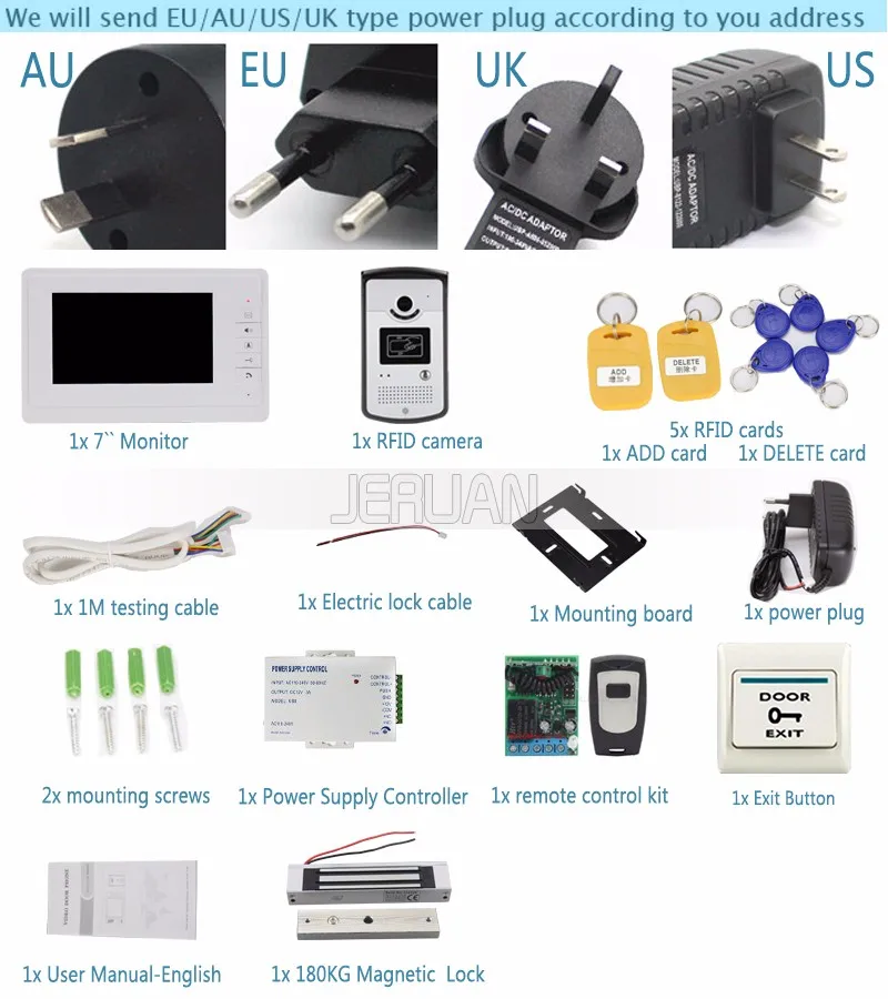 JERUAN 7 дюймов видео домофон комплект белый монитор 700TVL RFID камера доступа 180 кг магнитный замок