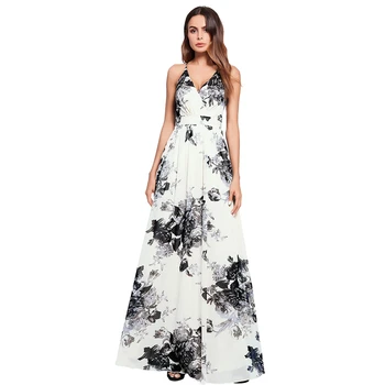 

AIIOU Summer Women Long Dress Sundress Vintage Printing Party Dresses Girls Lady Sleeveless Deep V-Neck Backless Cross Dress