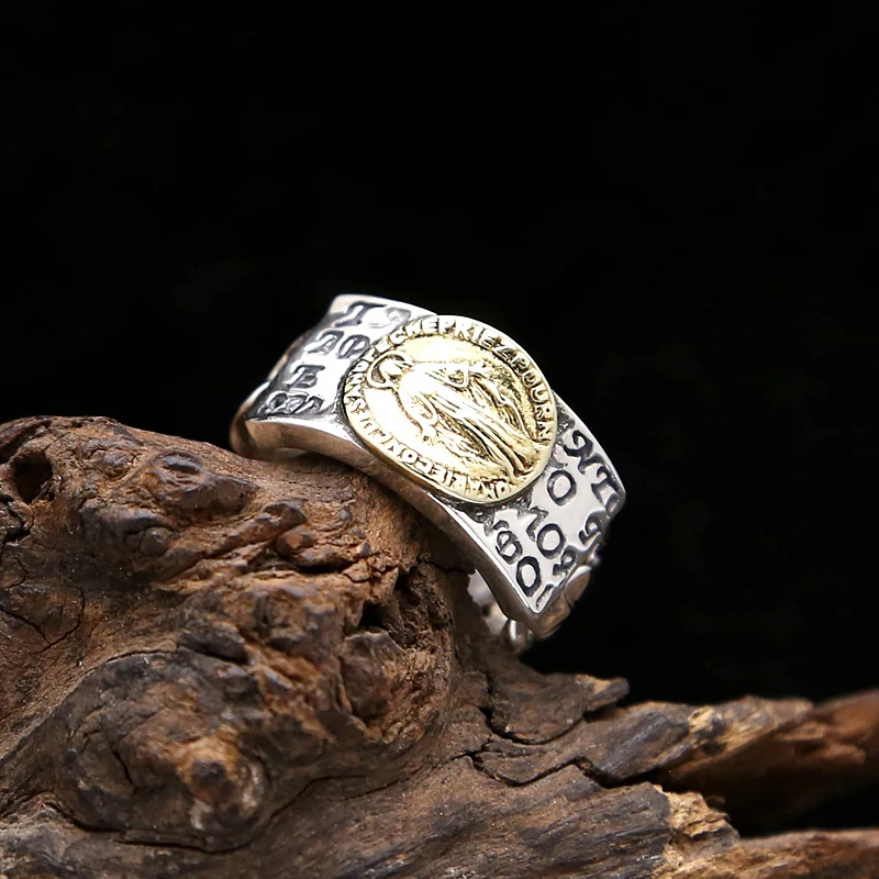 Начальная пара кольцо Настоящее серебро 925 пробы ювелирные изделия для мужчин и женщин панк Рок Крест девственница Мэри письмо обручальное кольцо R054