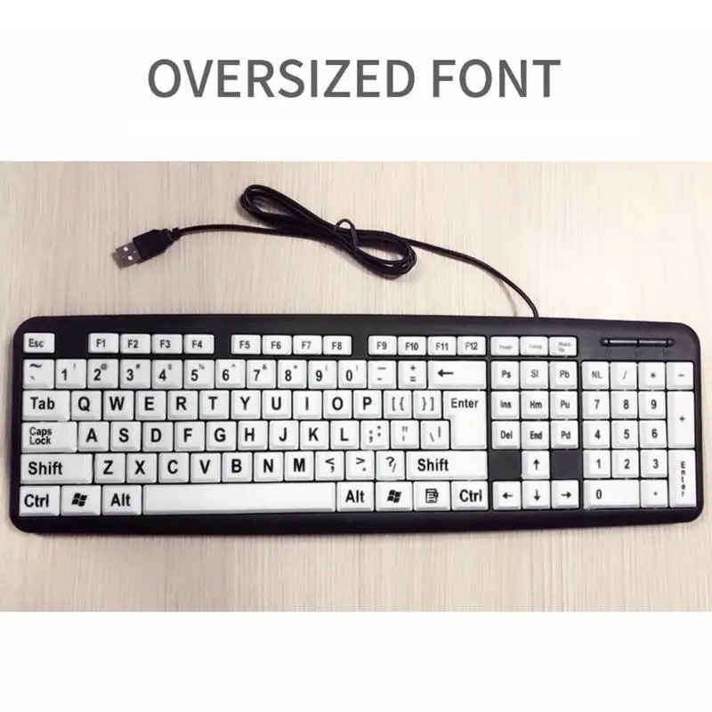 Large Print USB Keyboard Black Letters White Keys High Contrast