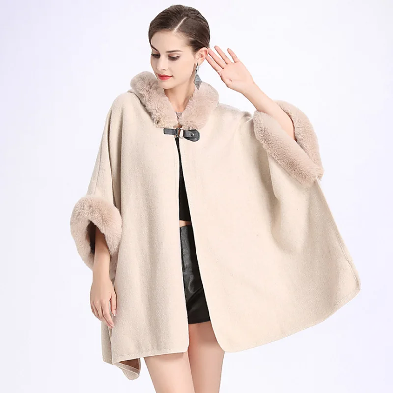 

ZDFURS* Fashion Elegent Imitation Rex Rabbit Fur Cape Coat Hooded Cashmere Shawl Long Loose Parka Cloak Women 2017 Winter New