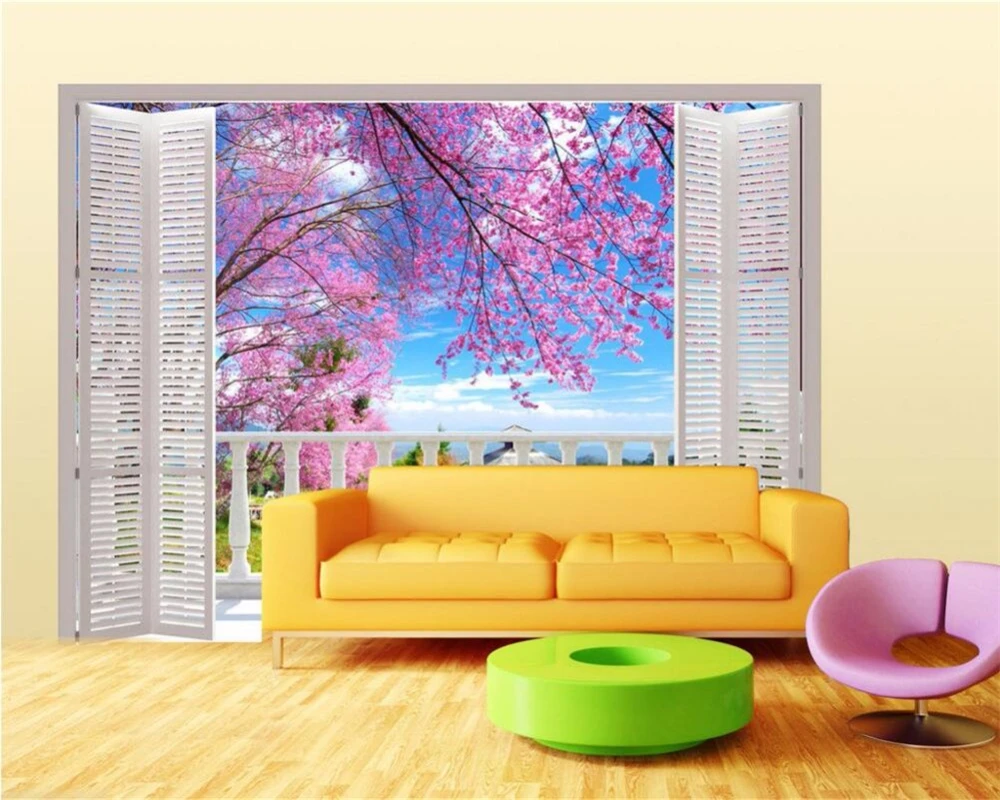 Фотообои Beibehang 3D с имитацией окна/романтичные вишневые обои для дивана кровати