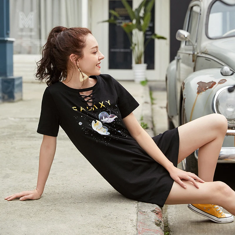 Женская футболка с широким рукавом ARTKA, черная хлопковая футболка с модным принтом и круглым вырезом, TA15290X, на лето