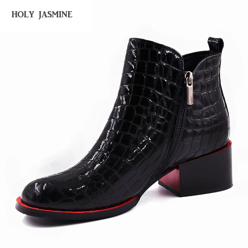 Acheter Vente chaude Femmes Bottes 2017 Nouvelle Mode Chaussures Femme Véritable En Cuir noir Cheville Bottes Hiver Chaud Laine Neige talon Carré bottes