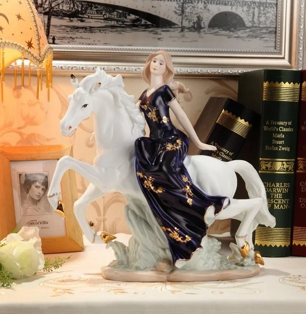 

Vintage Porcelain Beauty Girl on Horse Statue Ceramic Damsel Figure Sculpture Home Decor Festival Gift Art and Craft Ornament