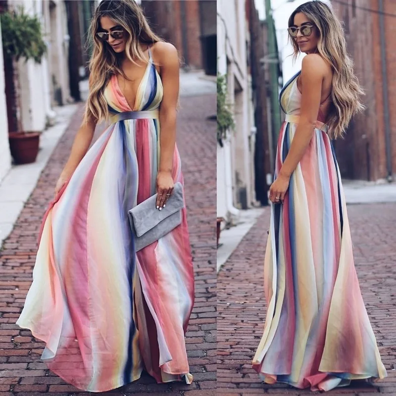 

ZOGAA Colorful Long Dress Female Sexy V Neck Halter Women Summer Robe Dress Blackless Loose Beach Evening Party Night Maxi Dress