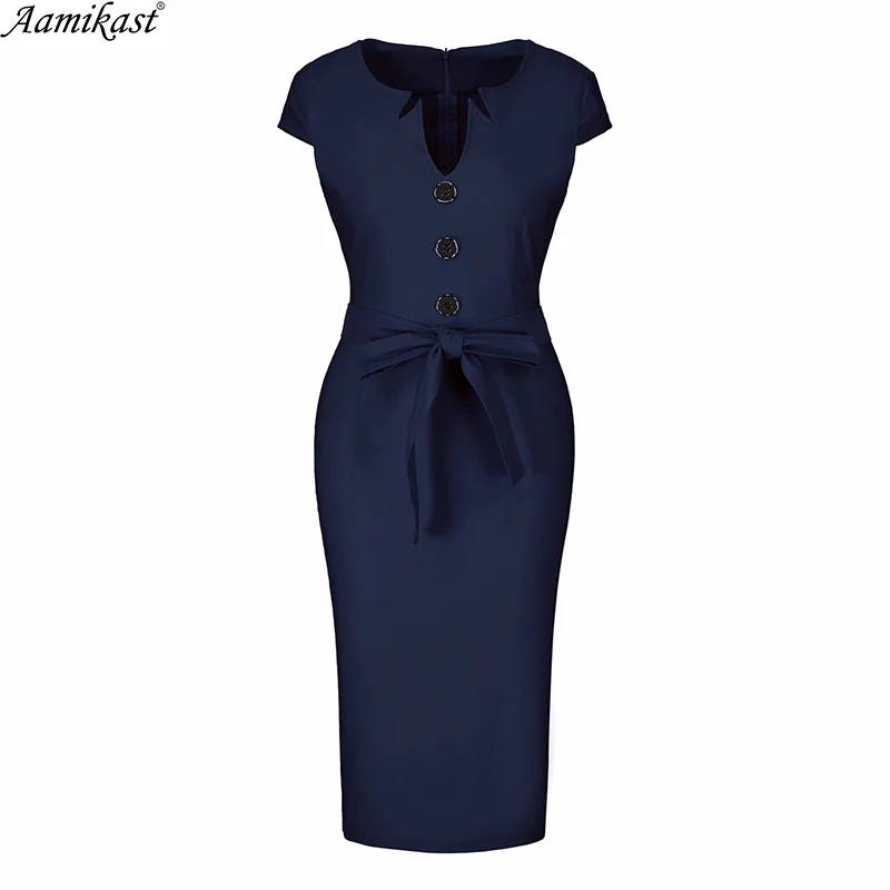 

2019 Women Elegant V-Neck Black Button Belted Vintage Wear To Work Office Business Party Bodycon Vestido Pencil Sheath Dress