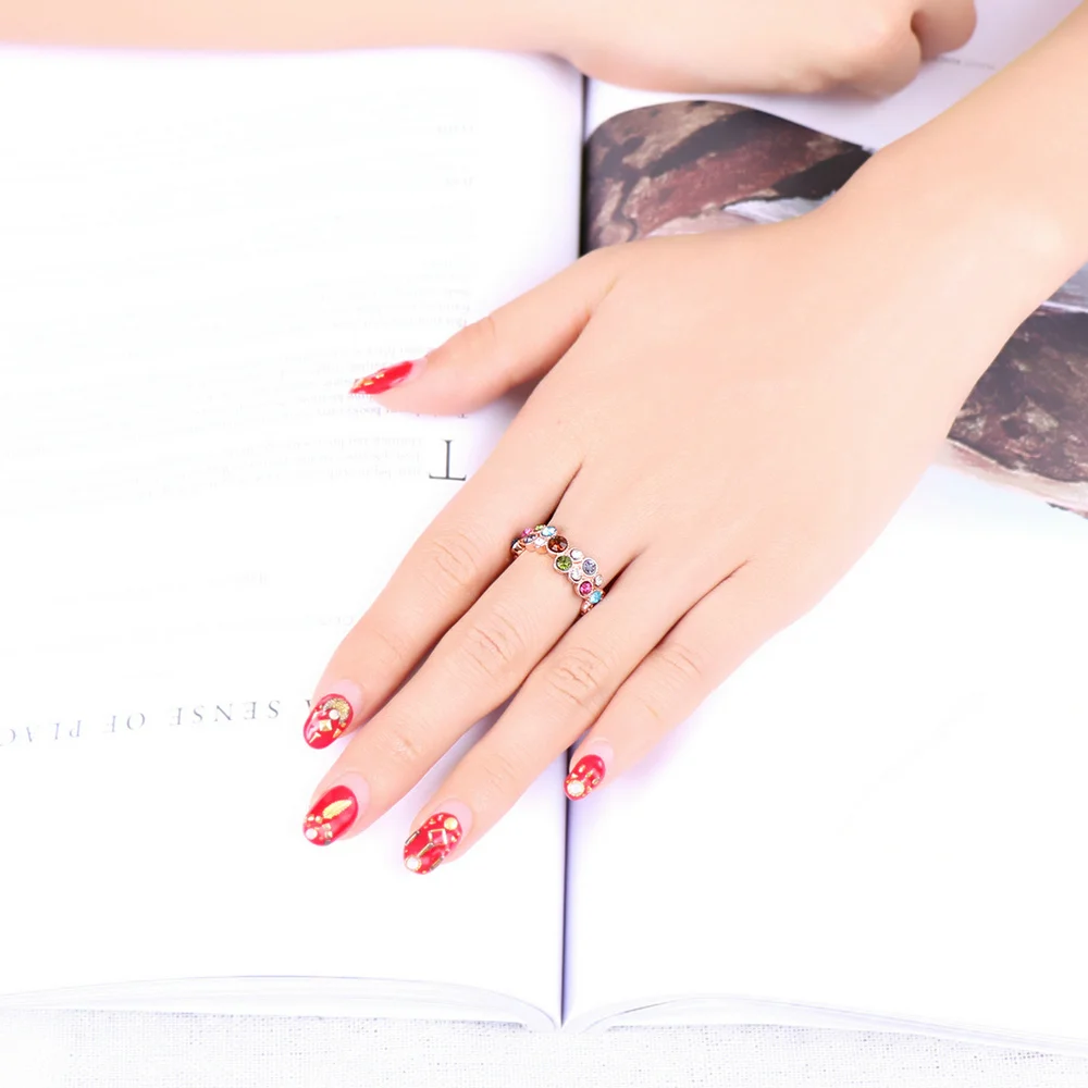Double Fair Colorful Austrilian Crystal Finger Rings Rose Gold Color Fashion Brand Vintage Wedding Jewelry For Women DFR028