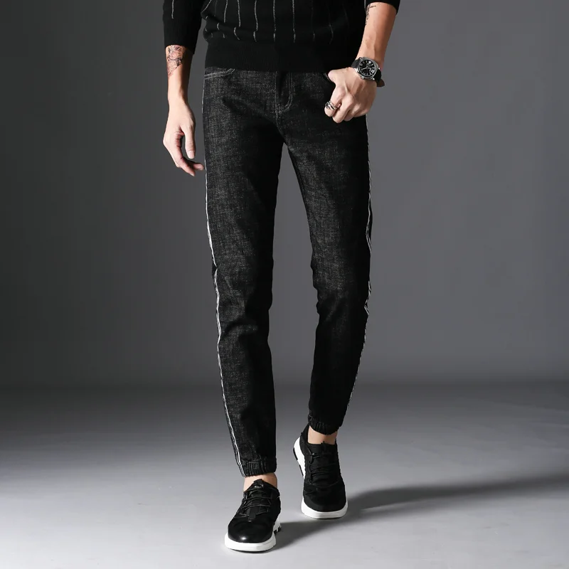 Ummewalo 2017 черный обтягивающие джинсы Для мужчин дизайнер полосатые джинсы Повседневное хлопок стрейч Жан мужской Slim Fit качество Джинсы для