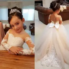 Белые/цвета слоновой кости/цвета шампанского кружевные платья с аппликацией для девочек, держащих букет невесты на свадьбе, с бантом, для причастия, вечеринки, выпускного вечера, для торжественных случаев