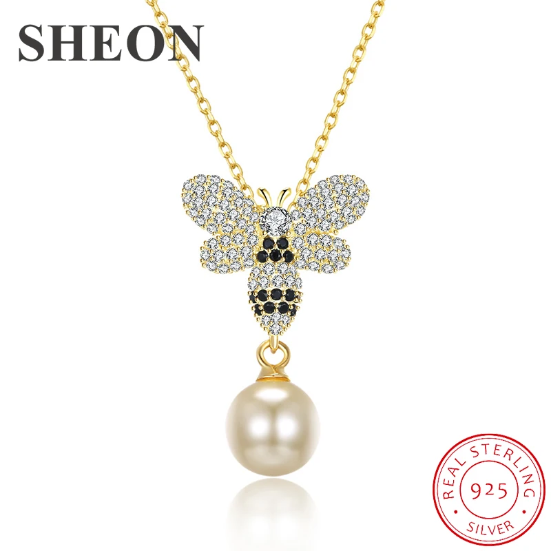 

SHEON Authentic 925 Sterling Silver Luxury Golden Bee Animal Pendants Necklace for Women Fine Sterling Silver Jewelry