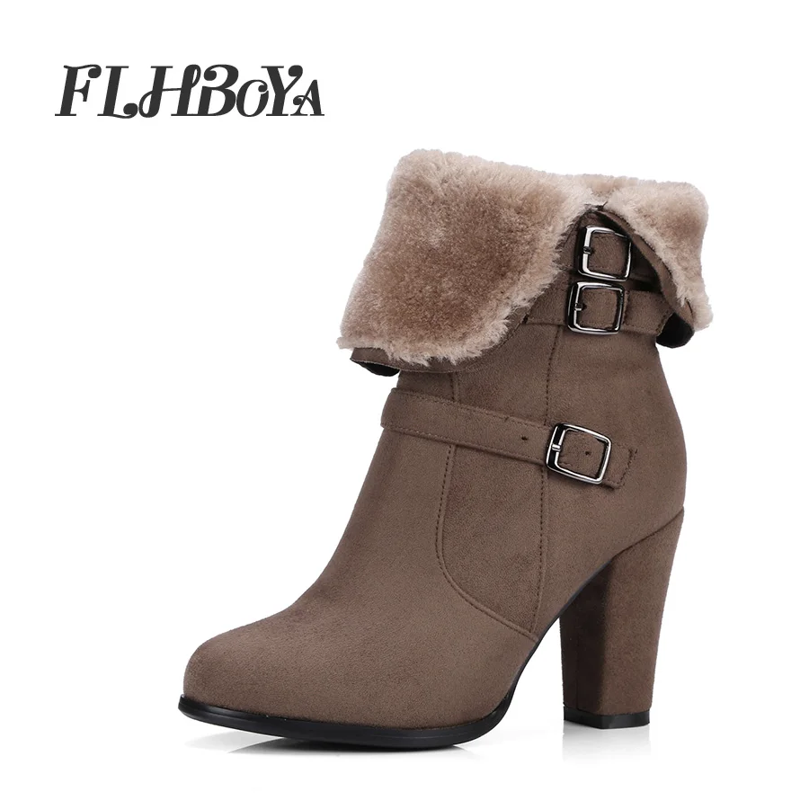 

FLHBOYA Fashion Flock Riding Boots Warm Winter Women Mid-calf Slip-resistant Buckle Boots Thermal Female Super high heels Shoes