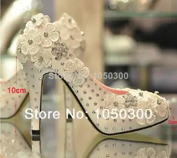

2018 Spring and autumn Lace 4Inches heel platform high-heeled Satin White Wedding Shoes New Style women Party Prom Dress Shoes