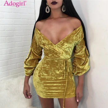 

Adogirl Sexy Off Shoulder V Neck Bodycon Velvet Dresses Ruched Lantern Long Sleeve Bandage Micro Mini Dress Night Club Costumes