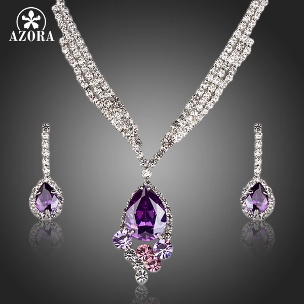 

AZORA Elegant Purple Cubic Zirconia Water Drop Pendant Necklace and Earrings Jewelry Sets TG0164