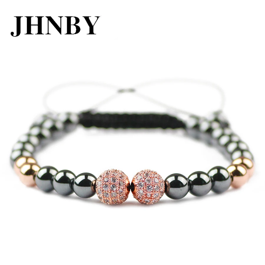 JHNBY мяч 6 мм Hematite бусы мужские Подвески браслет мозаика CZ плетеная веревка женский