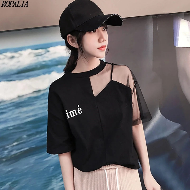 

Women's Round Neck Letter Print Mesh Stitching Short Sleeve T-Shirt Patchwork Korean Style Polyester Tops