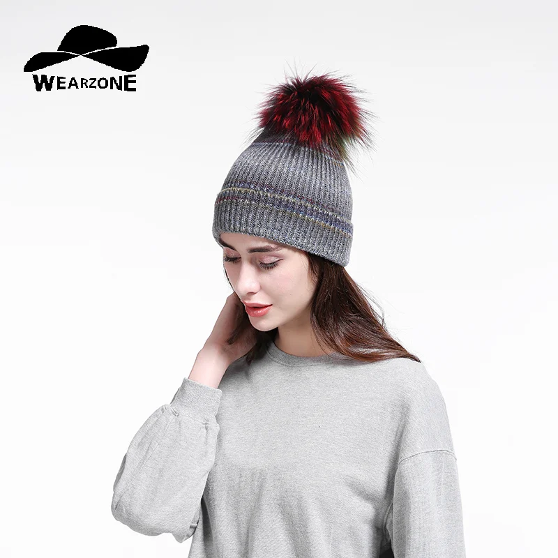 

2017 Winter Women Slouch Knitted Beanie Hats Multi Color Faux Fur Pompoms Hat Soft skullies Fashion Female beanies bonnet