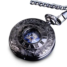 Retro Blue Skeleton Steel Hunter Men Fashion Pocket Watch Steampunk Roman Hand Wind Mechanical Male Flip Fobs Long Chain Watches vigoroso men s antique mechanical skeleton chain pocket watch classic vintage retro design watches wind up steampunk gold clock