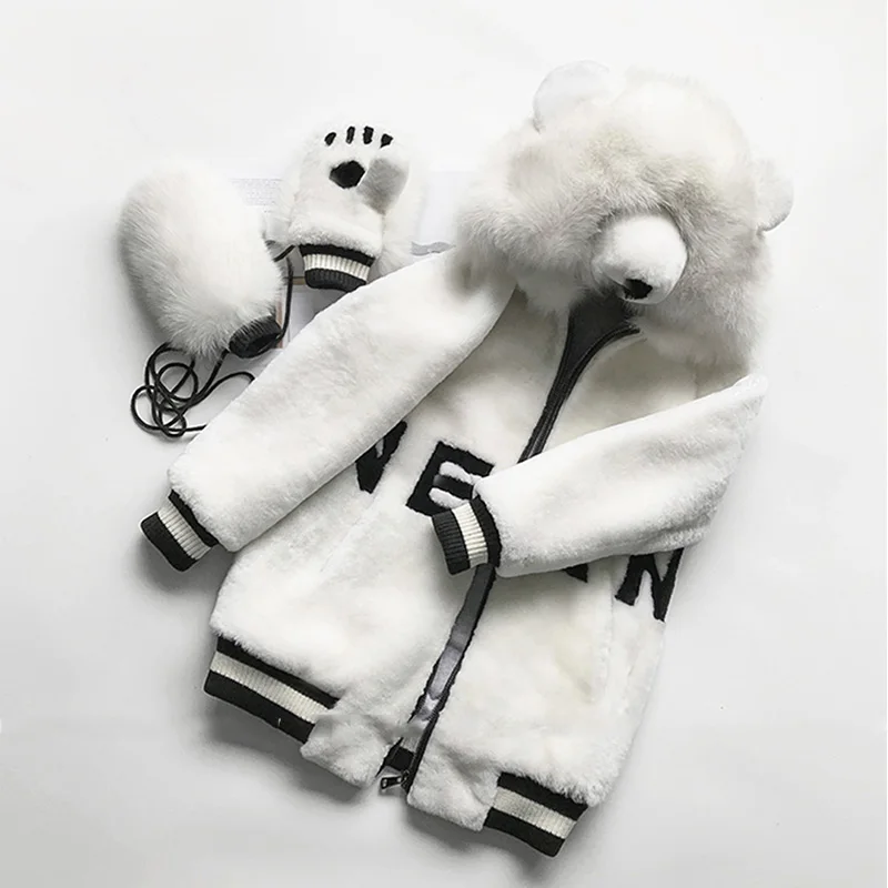 LVCHI зима шапка с мишкой из шерсти ягнёнка пальто с мехом латерн натуральный Лисий мех пальто женские с перчатками средней шерсти милые теплые пальто