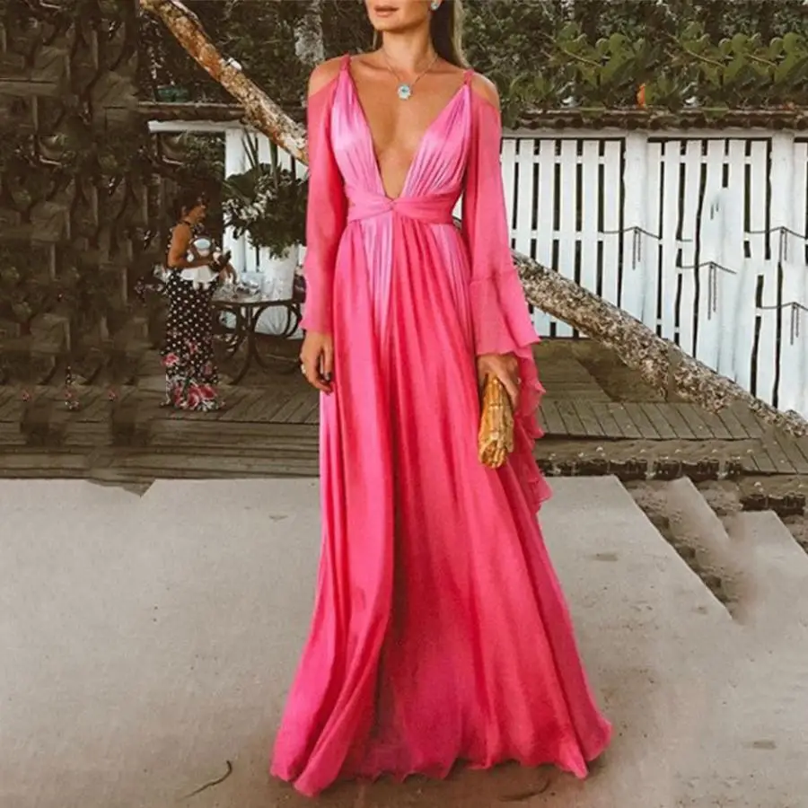 

Plus Size Dress 2019 Women Summer Dress Sexy & Club Party Night Vintage Maxi Deep V Neck Dress