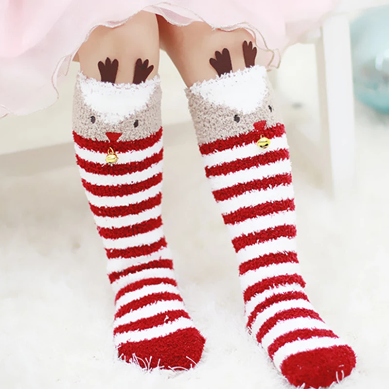 Зимние носки из кораллового флиса с 3D изображением рождественского оленя, медведя, милой птицы, Нескользящие теплые носки для сна, носки средней длины, рождественские носки, calcetines1-10Y