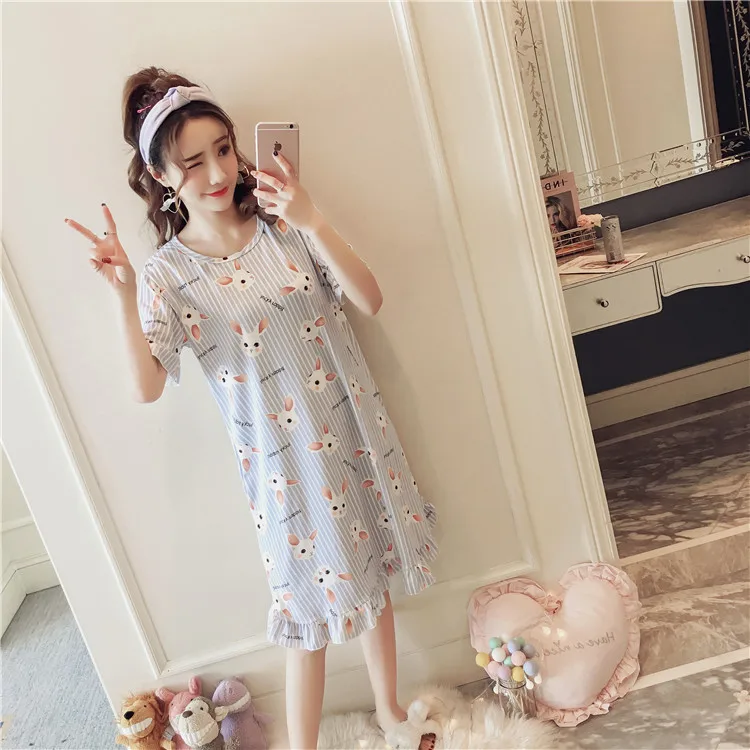 

Summer women's pajamas short-sleeved 100% cotton dress loose XL stripes casual print pajamas home service