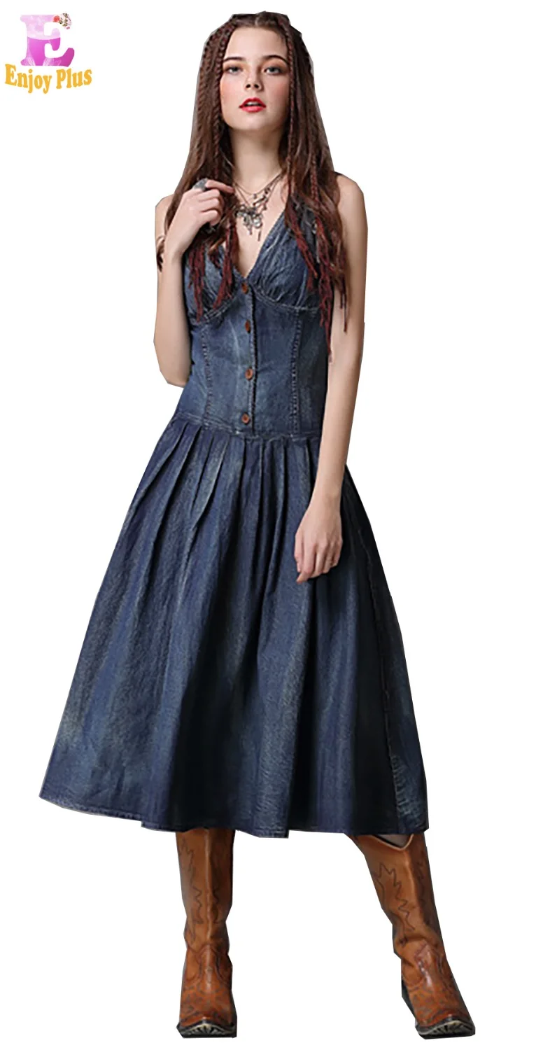 S M L elegant cotton new summer 2018 long jeans dress women sleeveless