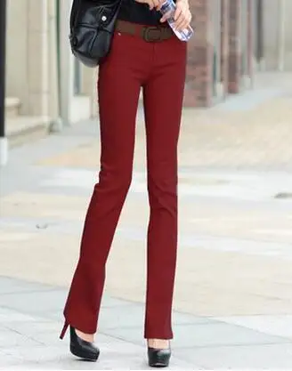 Новые женские повседневные джинсовые штаны, яркие цвета, Облегающие расклешенные брюки со средней талией, джинсы a226 - Цвет: wine