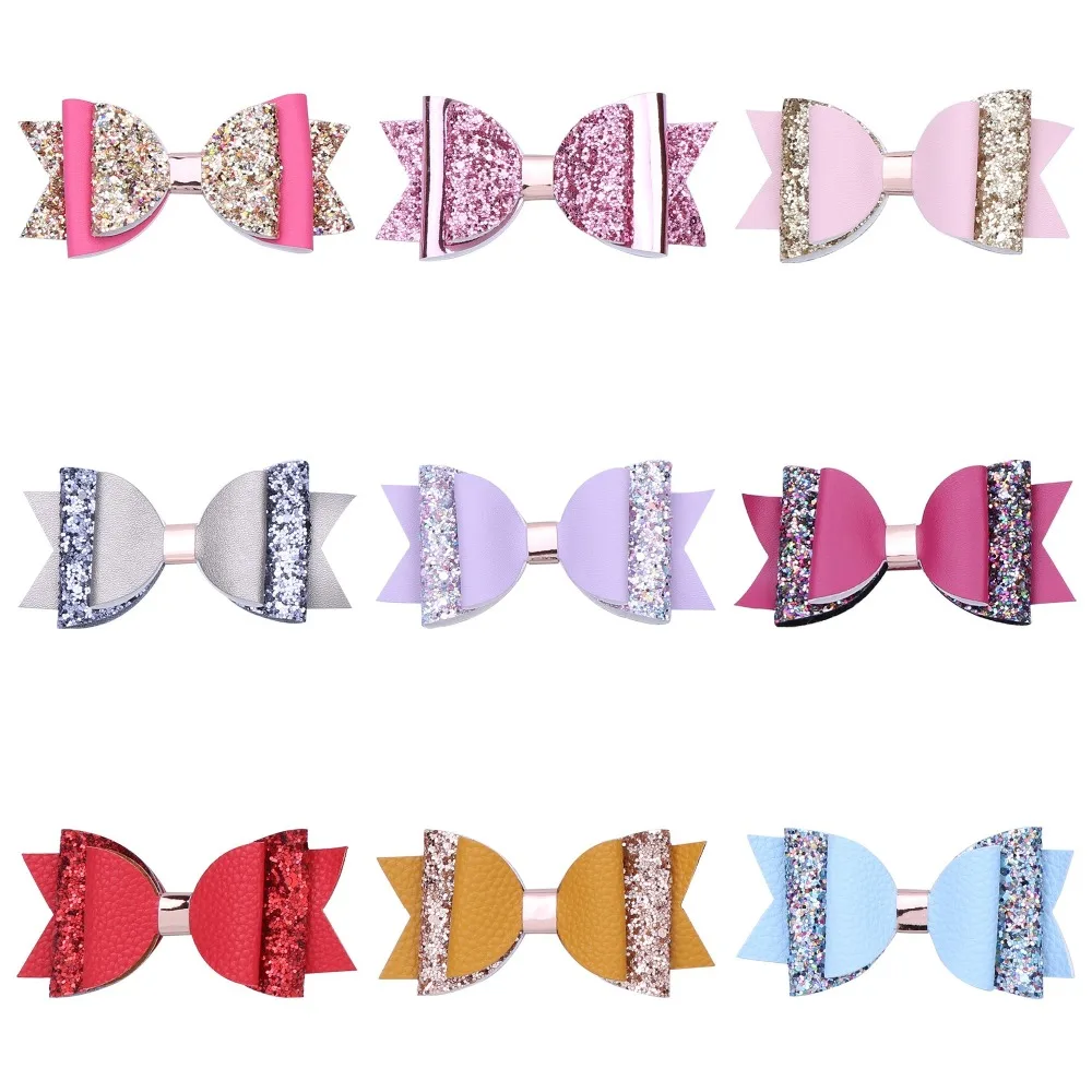 

10pcs/lot Three Layer Forked Tail Hair Bow Clips Glitter Pink Red Swallow Tail Girl Hairpin Purple Mustard Leather Bow Barrette