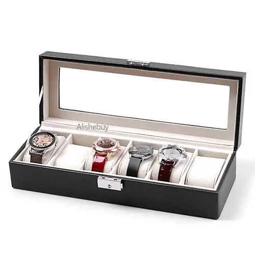 

6 Grids PU Leather Watch Box Case Professional Holder Organizer for Clock Watches Jewelry Boxes Case Display Best Gift Black