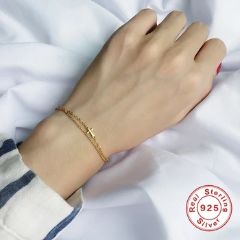 

925 Sterling Silver Bracelets for Women Fashion Jewelry Double Layer Beads Link Chain Cross Charm Bracelet Minimalist Girl Gifts