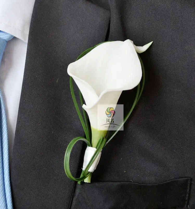 

1 pcs lot white calla lily flower Corsage Groom groomsman Wedding party Man suit men Boutonniere pin brooch Hot Lapel Flower