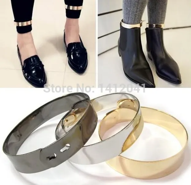 FD445 Fashion Fine Gold Metallic Mirror Metal Wrist Ankle Leg Foot Cuff Bracelet Bangle 2PCs