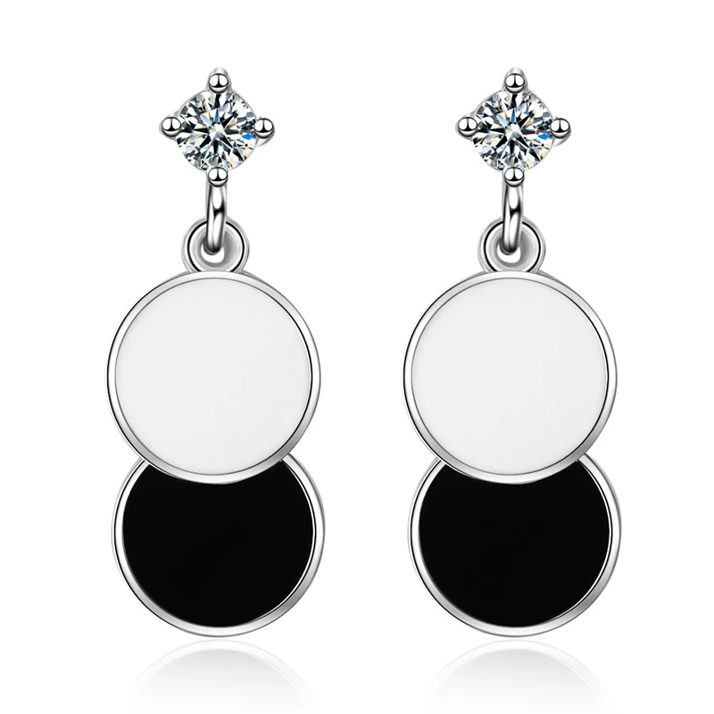 

XIYANIKE 925 Sterling Silver Elegant Temperament Black White Double Round Long Dangle Earrings Simple Geometric For Women New