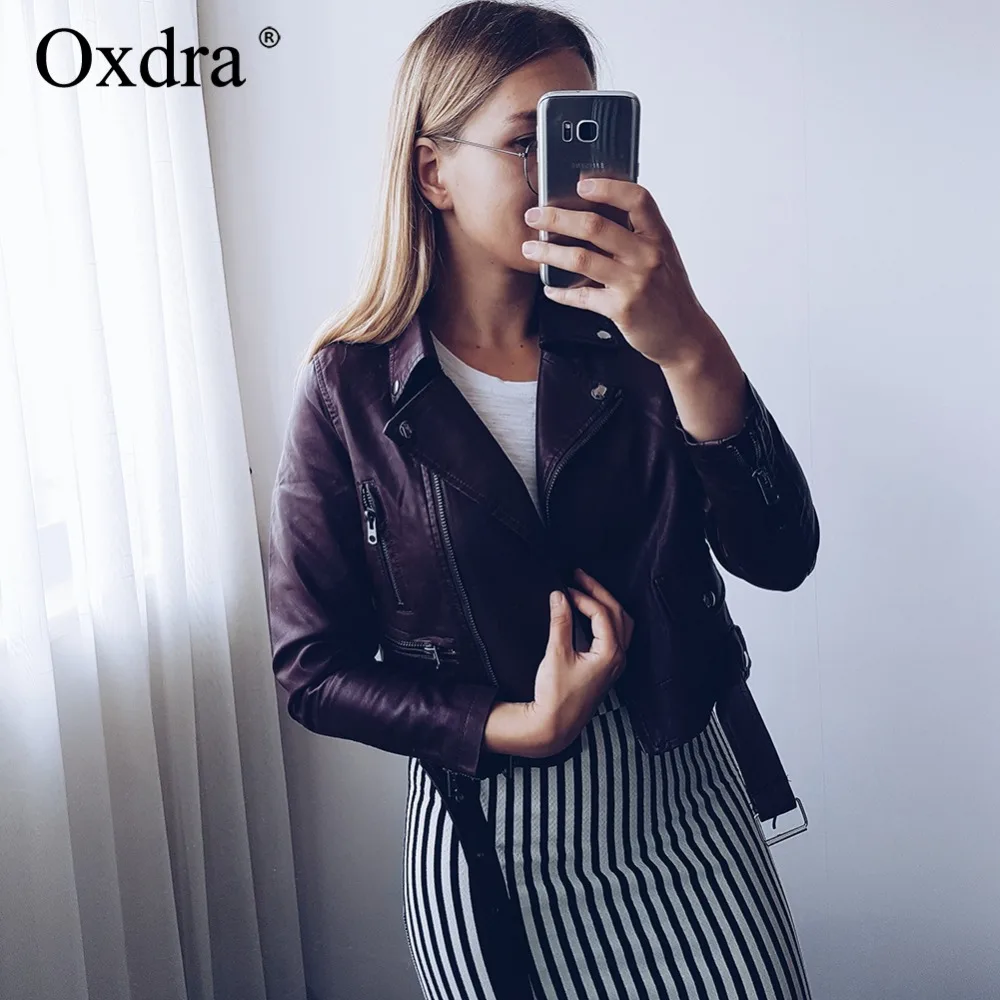 Oxdra 2018 Весна Осень Новые Pu кожаные тонкие куртки с поясом 3 цвета модные мягкие PU