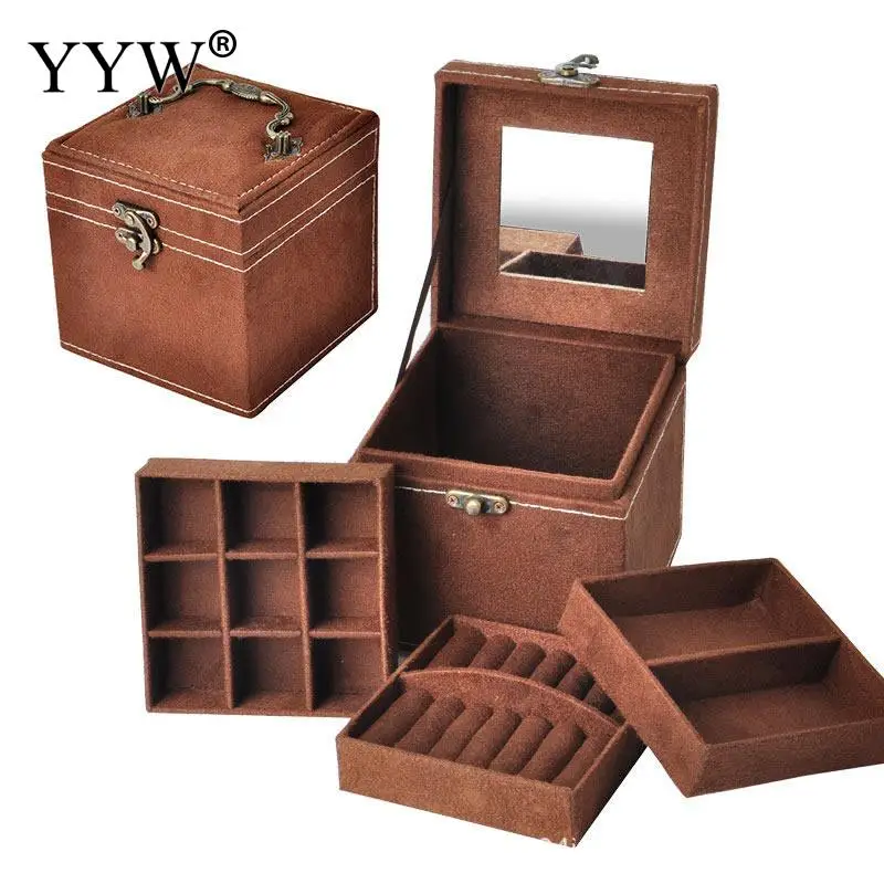 

2019 High Quality 12x12x12cm Vintage Velvet Three-Tier Jewelry Box Multideck Storage Cases With Wood Mirror Wedding Jewelry Gift
