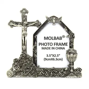 

MOLBAB Tabletop Metal Photo Frame Glass Viewing Window Jesus Crucifix INRI Alloy Cross Picture Frame Christian Art Home Decor