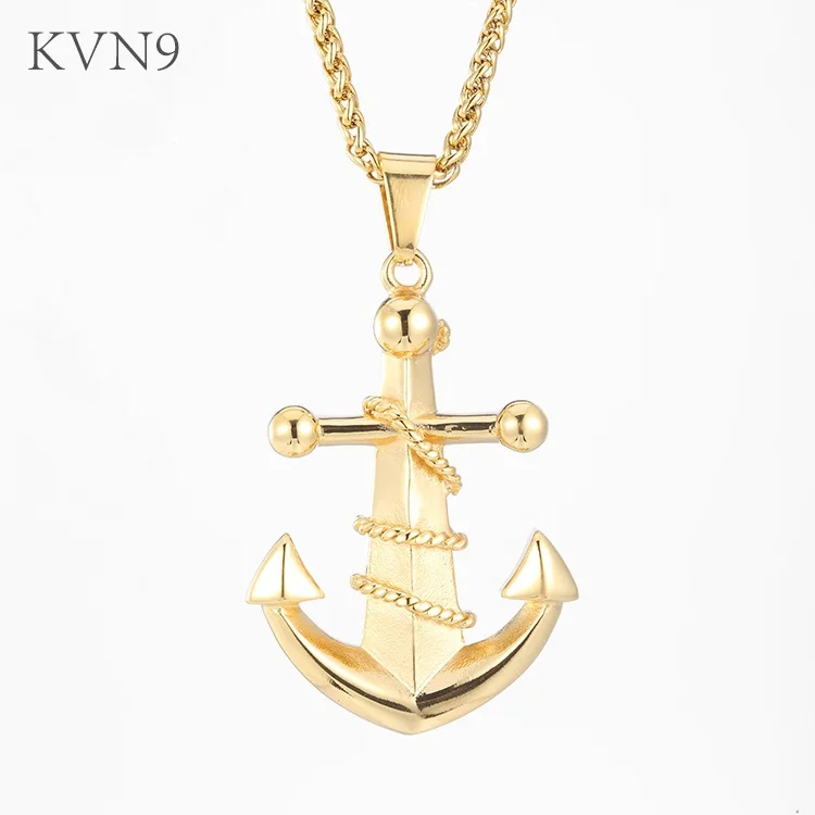 KVN9 Iron Chain Twisted Anchor Pendant Necklace Gold color Punk Jewelry